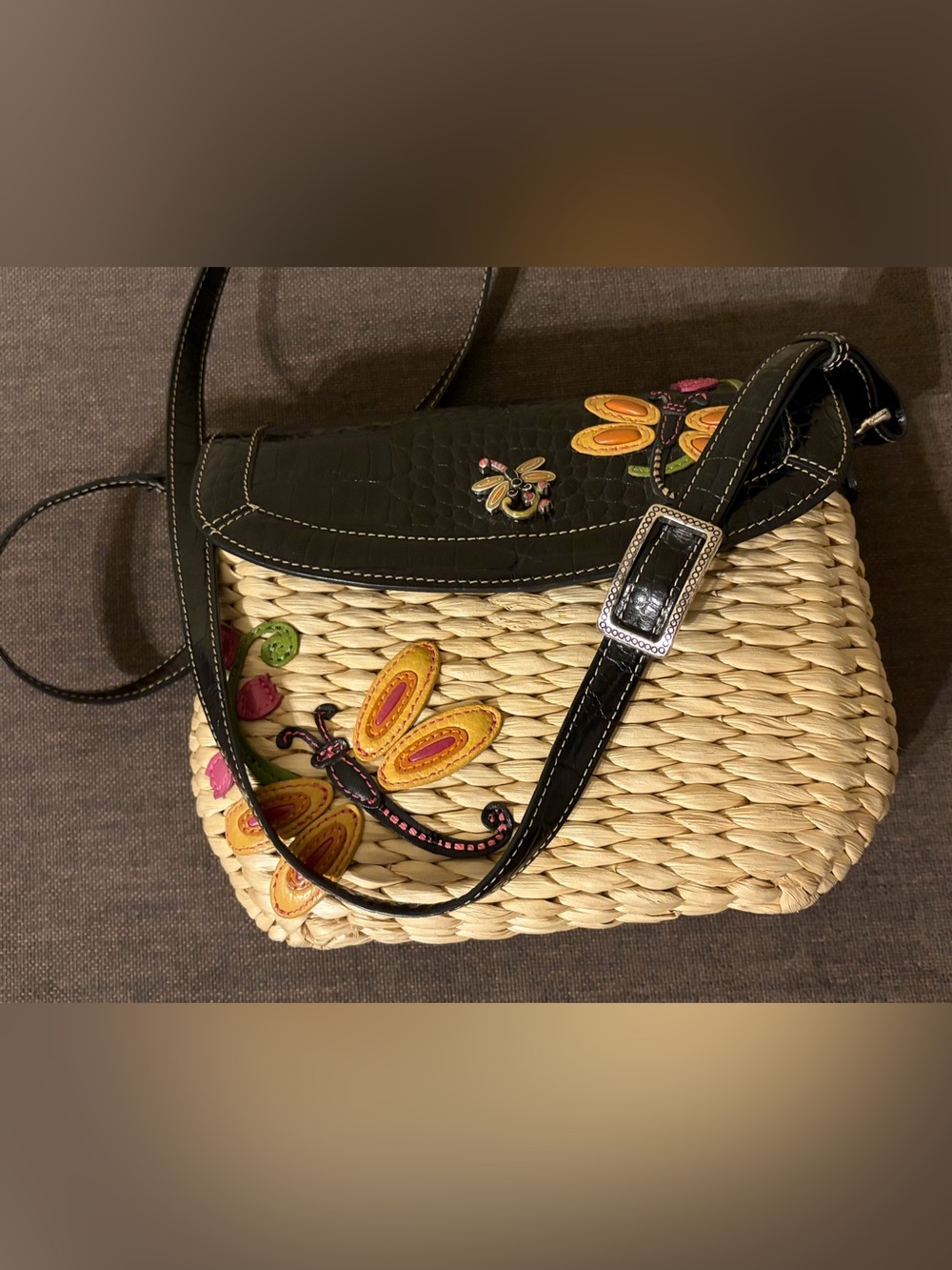 Brighton Black Leather-Trim Woven Crossbody with Floral & Dragonfly Appliqués - Picture 4 of 4